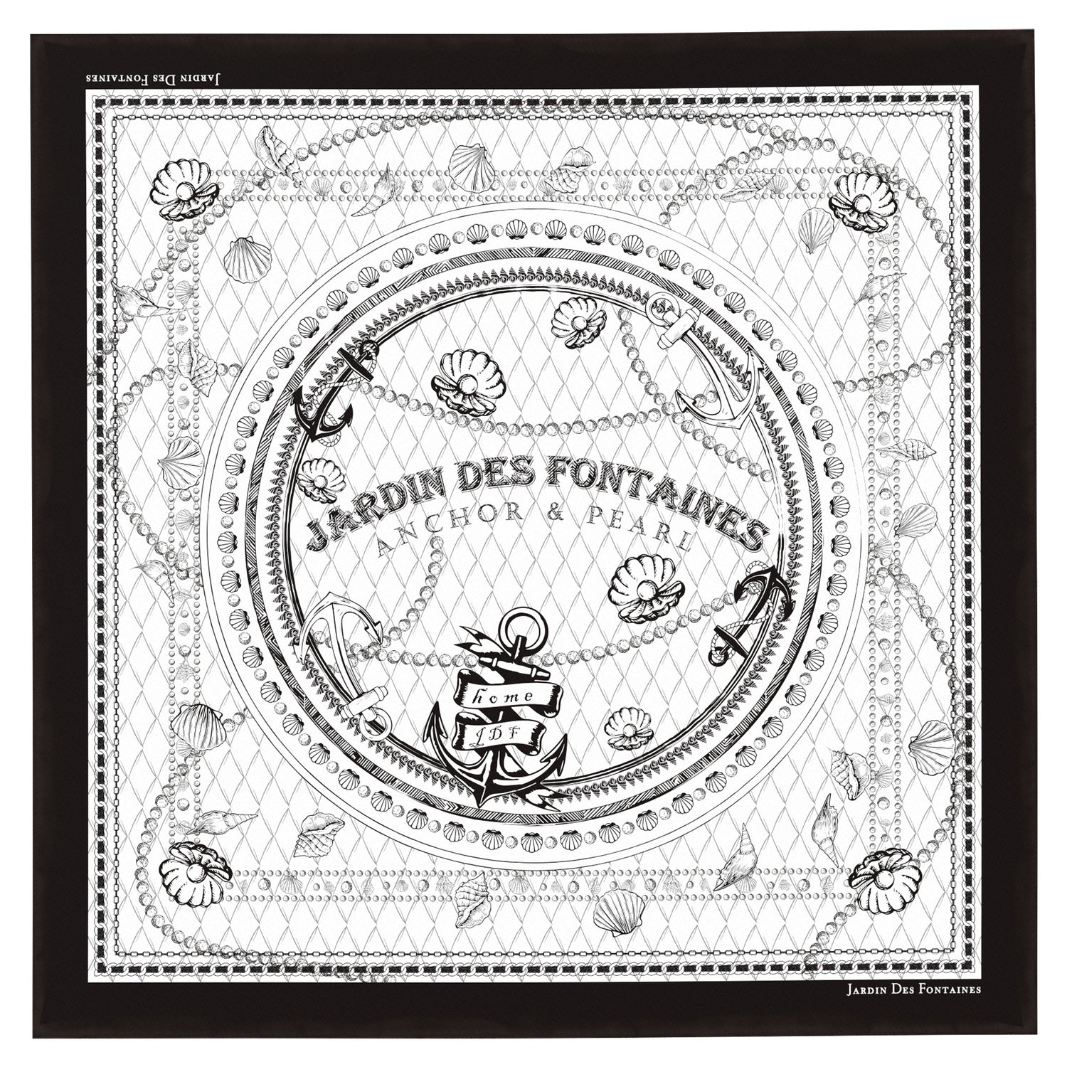 Decorative black and white pattern with 'Jardin des Fontaines' branding and anchor design.