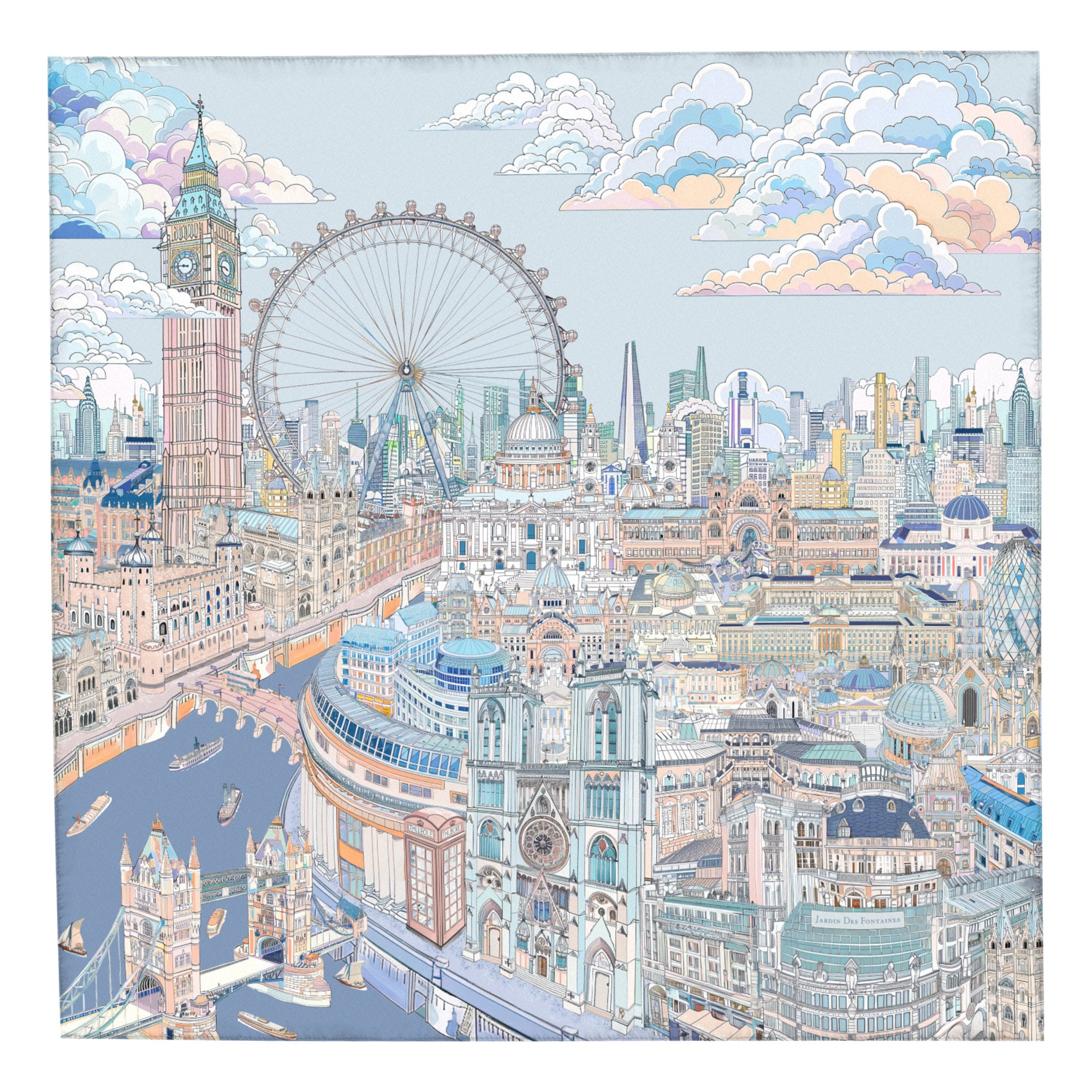 Illustration of a cityscape with famous landmarks including Big Ben and the London Eye.