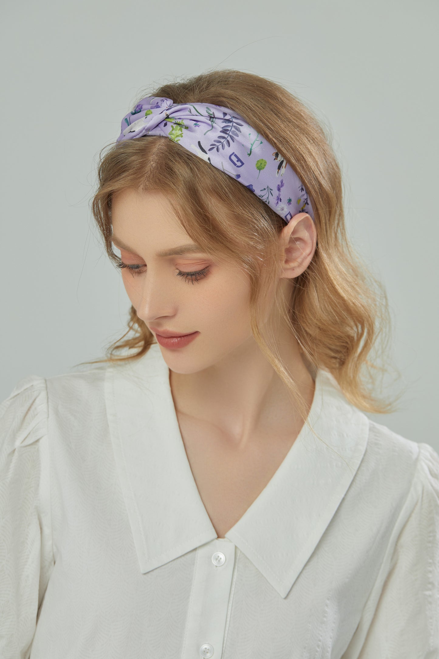 "Yogis Cat and Flower" Purple Wild Flower Field Silky Scarf Head Band, Hair Band