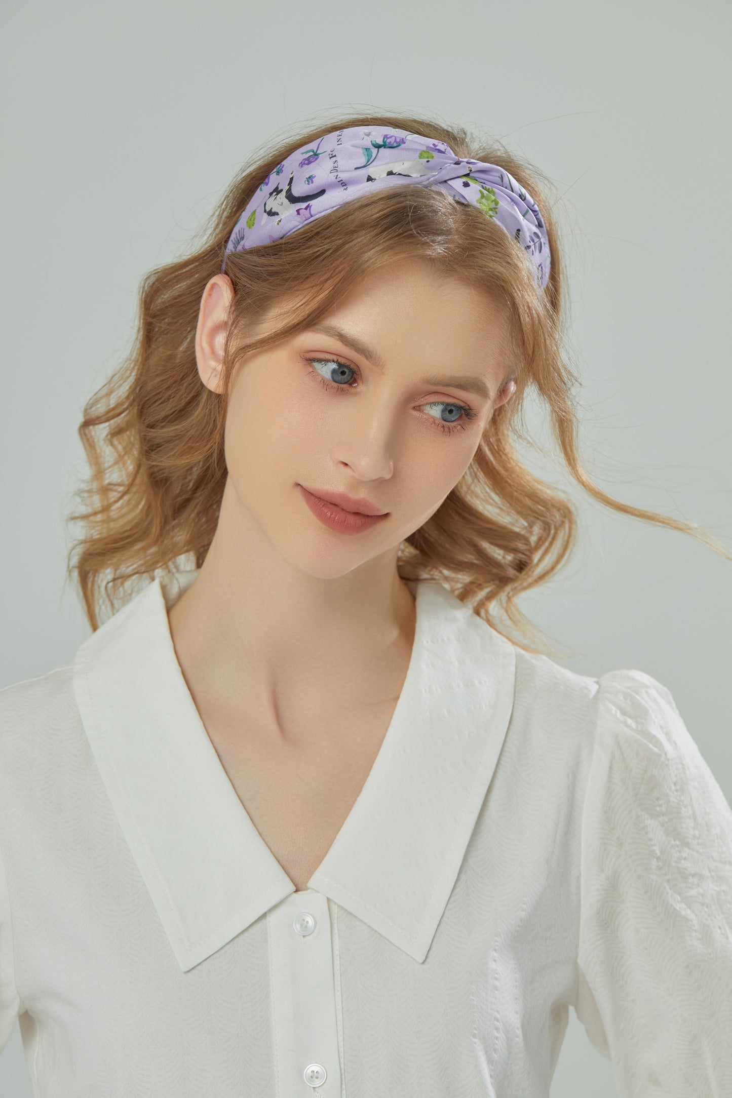 "Yogis Cat and Flower" Purple Wild Flower Field Silky Scarf Head Band, Hair Band